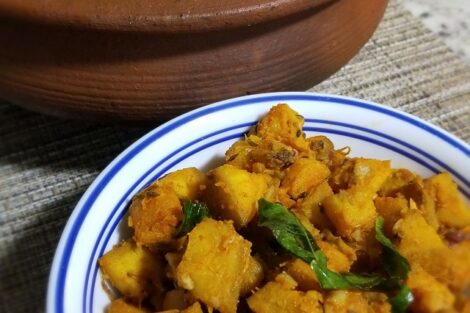 Raw banana fry served with Raw Mango Curry