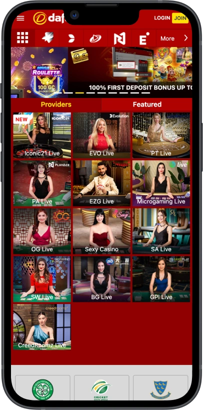 dafabet screen live games page